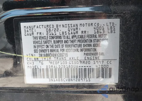 2022 Nissan Sentra Sv Xtronic Cvt из США, поврежденный, VIN 3N1AB8CV8NY289715